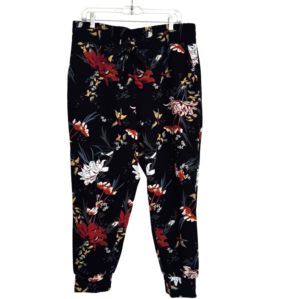 One by Chapter One Floral Bird Print Jogger Pants XL Black Elastic Waist‎ Tie